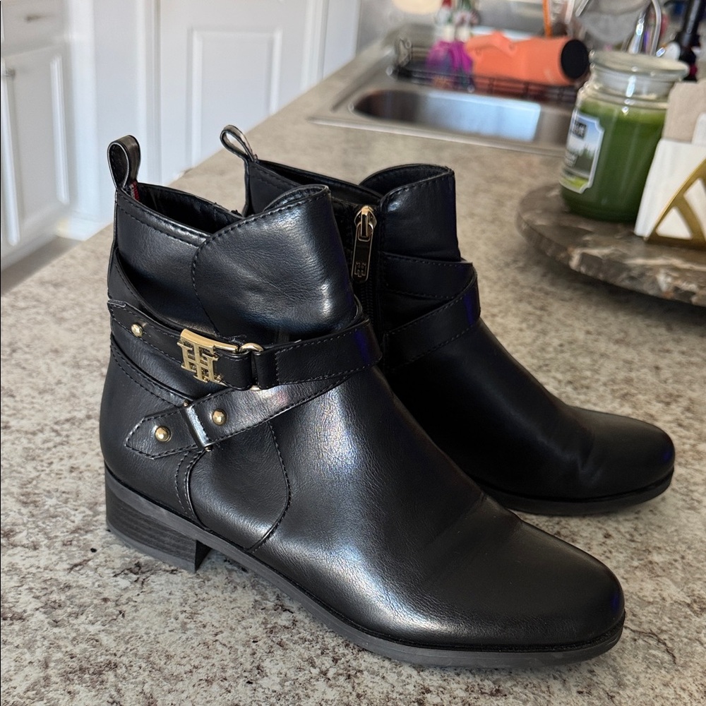 Tommy Hilfiger Black Ankle Booties with Gold Accents